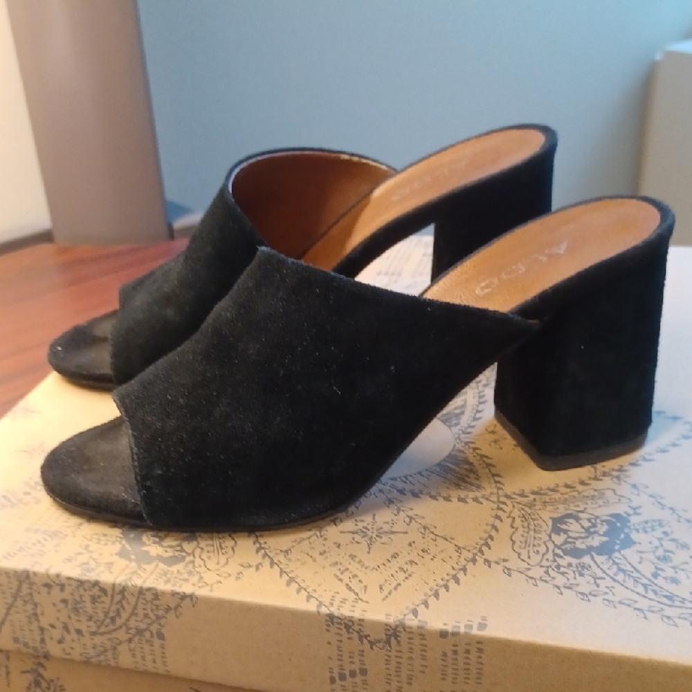 Aldo Black Suede Block Heel Mules